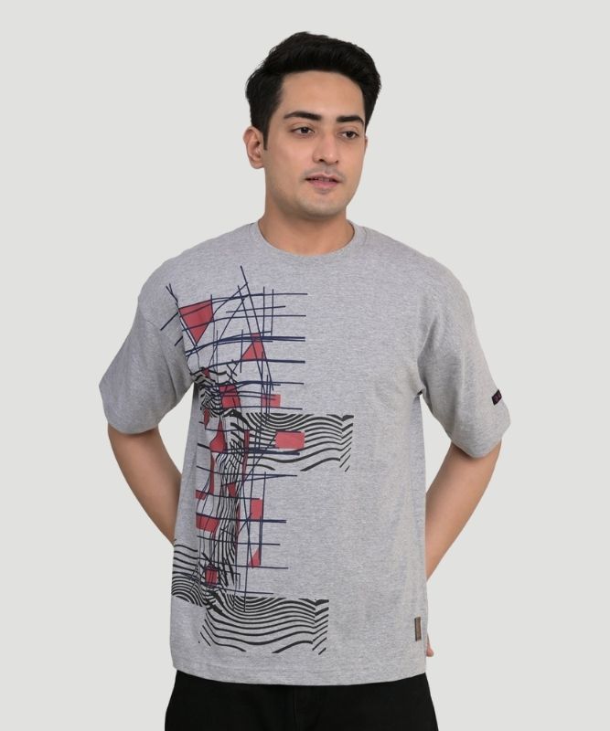 Men's Grey Geometric Print Half Sleeves Oversized Fit T-Shirt